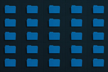 Organized Digital Storage 3D Grid of Blue Folders on Dark Background Representing Structure and Efficiency