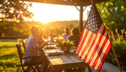 Outdoor dinner party under pergola with flag