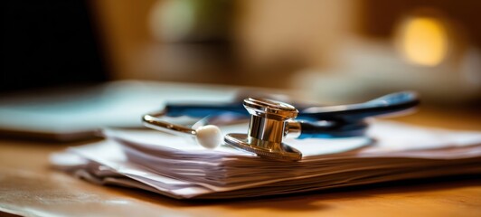 The stethoscope and medical documents in a professional healthcare setting