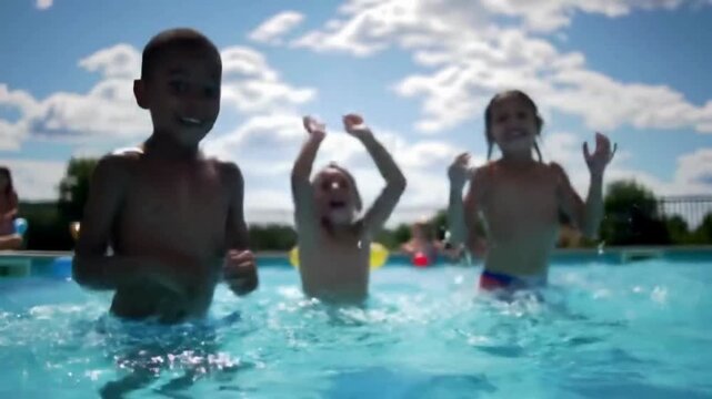 Kids enjoying splashing summer vacation in a swimming pool. Summer vibe kids jumping in water. Group of friends jumping in water. Children playing in the pool