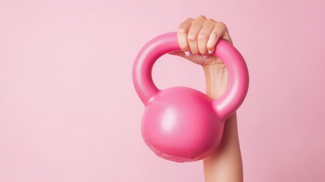 Woman gripping pink kettlebell, demonstrating fitness strength and active workout routine in energetic pink studio setting
