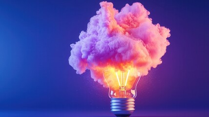 Glowing light bulb emerging from swirling colorful smoke and symbolizing splash, water creative energy and innovative thinking