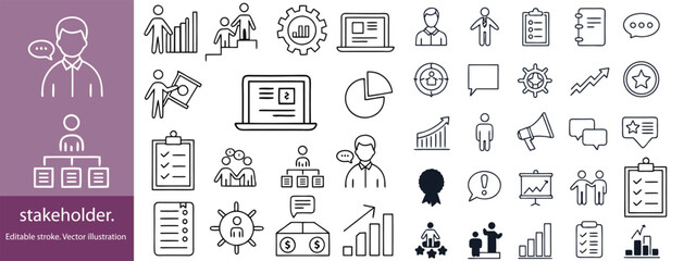 Stakeholder outline icons. Linear icon collection. Editable stroke. Vector illustration