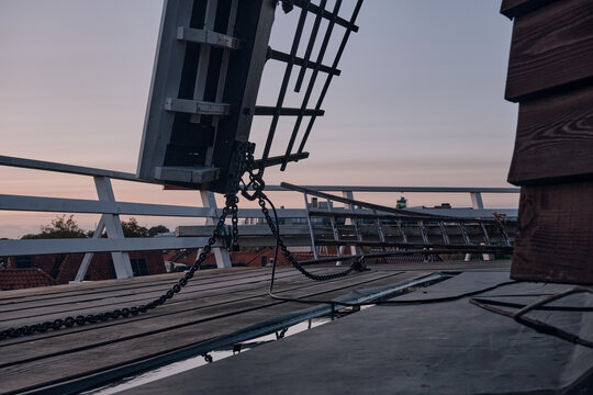 Dutch windmill sail, seen from the platform at dusk. Sustainable Energy, a tradition in the Netherlands