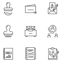 Business and office icon set depicting communication and management elements in line art