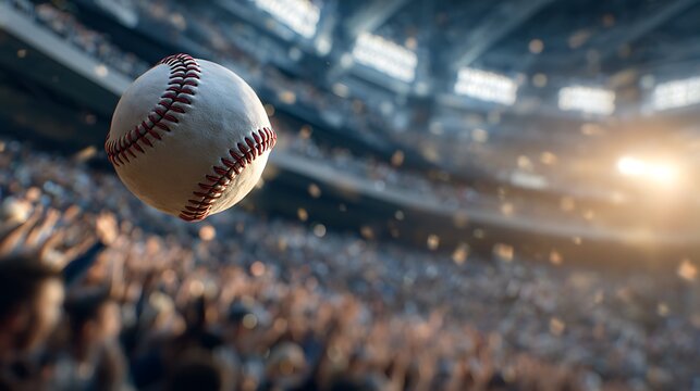Baseball in mid air above cheering crowd with blurred high quality stadium background dramatic lighting intense sports atmosphere realistic details