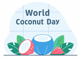 World Coconut Day illustration with coconuts watermelon and leaves for a tropical celebration design