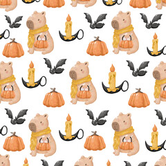 Halloween Capybara Seamless Pattern | Cute Spooky Animal Repeat Design