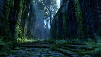 Fototapeta premium Moss-covered gothic ruins in an enchanted forest at dawn