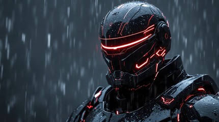 Futuristic cyborg warrior stands stoic in rain, glowing red cybernetic lines illuminating the dark.