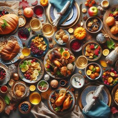 Lavish meal spread with vibrant food and elegant table setting viewed from above, perfect for festive or holiday gatherings