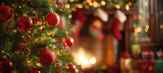 The beautifully decorated Christmas tree with festive ornaments and glowing lights.