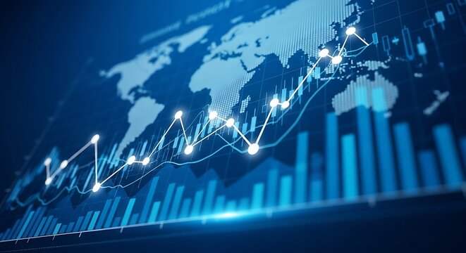 Global Market Analysis: Stock Market Data Visualization with World Map and Rising Trend, Blue Business Graph Illustration