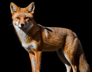 Fototapeta premium A solitary swift fox stands tall against a stark black background, embodying the fierce and cunning spirit of the Canis family and also evoking a sense of wild beauty.
