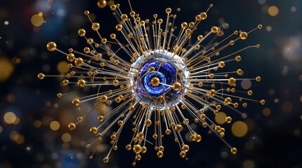 Stunning abstract scientific molecule with glowing blue core and golden spheres