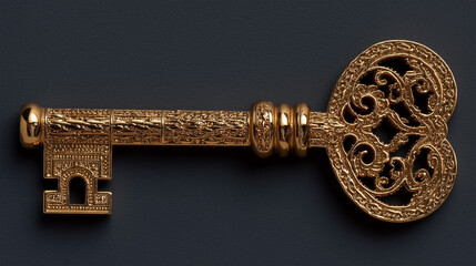 A gold key with a heart shaped keyhole