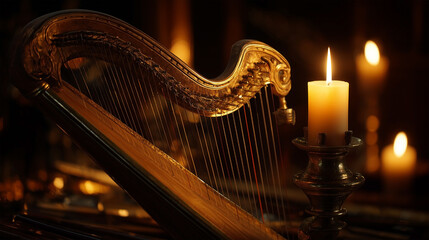 A candle is lit next to a harp