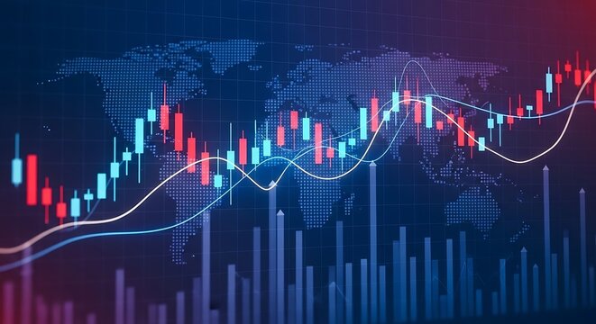 Global Stock Market Analysis: Bull and Bear Trends with Candlestick Charts and World Map Background, Investment Data Visualization Illustration