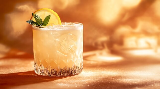 Begie cocktail garnished with a lemon slice and mint set against a vibrant begie backdrop featuring elegant details and warm tones