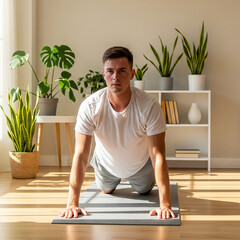 Fototapeta premium Focused Man in Plank Pose, Home Gym, Natural Light