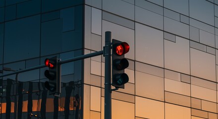 Traffic light embedded in mirrored building facade with sunset reflections and city lights below