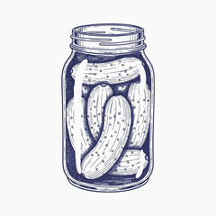 Pickled cucumbers in glass jar for healthy snack. Homemade pickled cucumbers, conserved in a transparent canning jar. Farm-fresh pickled cucumbers are ideal ingredient for a healthy dish.