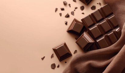 Elegant flat lay of premium chocolate bars arranged on textured brown cloth with artfully scattered dark and milk chocolate pieces, minimalist beige background for luxury product presentation