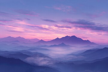 Obraz premium Panoramic mountain vista at dawn. Soft purple-pink sky above misty mountain ranges