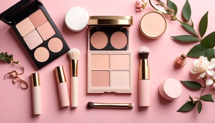 Pink glamour lipstick, eyeshadow, and cosmetic brushes, with a powder brush and a mirror accessory