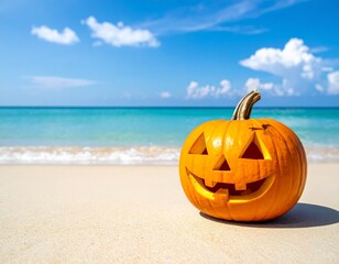 Halloween pumpkin with carved face placed on tropical sandy beach under blue sky
