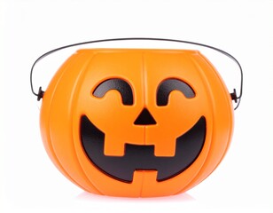 plastic Halloween Jack-o'-lantern bucket with a black smiling face and handle isolated on white background.
