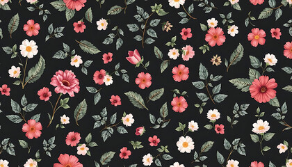 A dark floral pattern with various pink and white flowers on a black background, delivering an elegant and bold floral design. (4K and HD)
