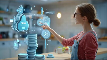 A realistic indoor setting where a mom points at a screen showing a savings app, with 3D icons of cloud banking, coin stacks, and financial planning hovering around - Powered by Adobe