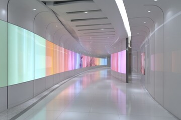 Modern, curved hallway with colorful backlit panels