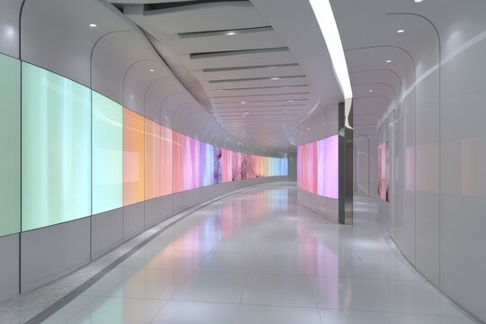 Modern, curved hallway with colorful backlit panels