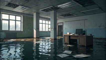 Desolate abandoned office with waterlogged floors and decaying interiors evokes a sense of urban decay and post-apocalyptic ruin, perfect for dramatic storytelling.
