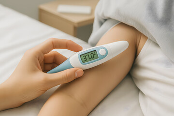 Hand holding digital thermometer under armpit showing 37.0°C. Concept of fever check, home healthcare, and temperature monitoring.