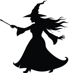 Silhouette of a bewitching witch casting spells with her magic wand