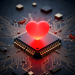 Glowing red heart on microchip, symbolizing emotional AI, artificial intelligence, and the intersection of technology and human emotion.