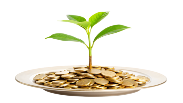 Green plant and leaves sprouting from a heap of gold coins, symbolizing the concept of financial growth, savings, and successful money investment in business and banking
