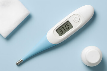 Digital thermometer with 37°C reading, tissue, and medicine bottle on light blue background. Concept of home healthcare and temperature monitoring.