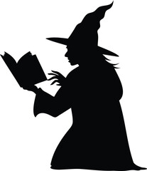 Mystical Witch Reading Spellbook Silhouette on White Background for Halloween Decor