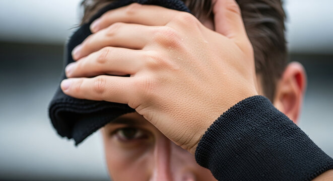 Man Wiping Sweat Forehead Effort Workout Fitness Sport Recovery