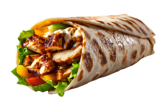 A photograph of the same chicken shawarma wrap, isolated on a Transparent background PNG
