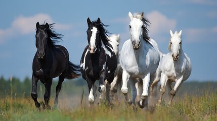 Obraz premium Black and white horses galloping freely across green meadow under clear blue sky