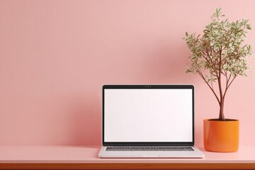 Fototapeta premium Laptop and plant on a pink surface