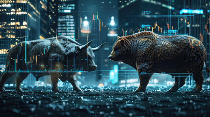 Stock market concept with bull and bear facing off in front of financial charts showing volatile swings, symbolizing bullish and bearish trends, market dynamics, investment risks , trading strategies