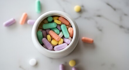 A delightful array of pastel pills and capsules spills from a pristine white container,A calming collection of colorful medication resting on a cool marble surface