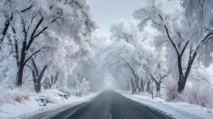 Obraz premium Serene Winter Roadway Surrounded by Majestic Snow Covered Trees Creating a Tranquil Scenic View