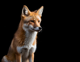 Fototapeta premium A solitary swift fox stands tall against a stark black background, embodying the fierce and cunning spirit of the Canis family and also evoking a sense of wild beauty—close-up of a red fox.